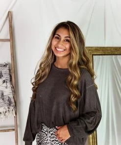 Mustard Seed Charcoal Long Sleeve High Low Waffle Top