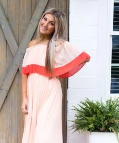 Entro Just Peachy Pleated Off The Shoulder Maxi Dress Women's Clothing