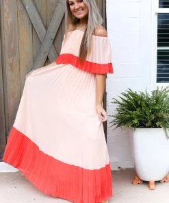 Entro Just Peachy Pleated Off The Shoulder Maxi Dress Women's Clothing