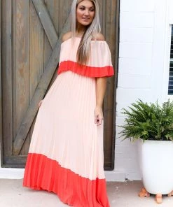 Entro Just Peachy Pleated Off The Shoulder Maxi Dress Women's Clothing
