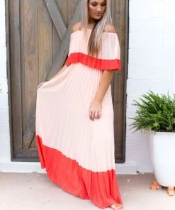 Entro Just Peachy Pleated Off The Shoulder Maxi Dress Women's Clothing