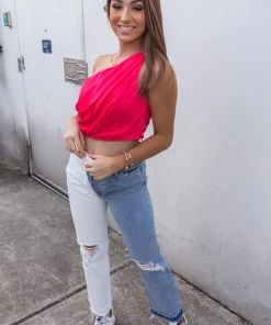 Do + Be Women's Clothing Coral One Shoulder Ruched Crop Top