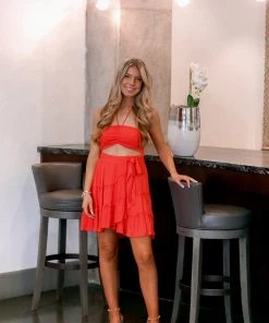 HYFVE Coral Smocked Halter Neck Wrap Dress