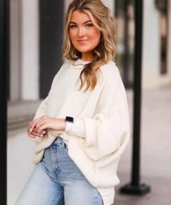 Glam Cream Oversized Knit Sweater Women's Clothing