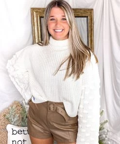 Glam Women's Clothing Cream Sweater With Textured Bell Sleeves