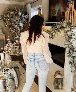 Flying Tomato Women's Clothing Cream And Gold Shimmer Long Sleeve Bodysuit