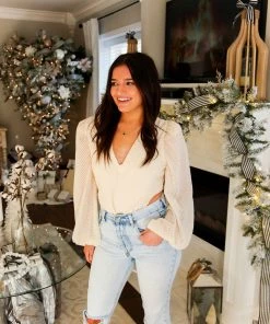 Flying Tomato Women's Clothing Cream And Gold Shimmer Long Sleeve Bodysuit