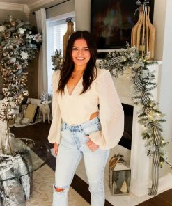 Flying Tomato Women's Clothing Cream And Gold Shimmer Long Sleeve Bodysuit