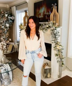 Flying Tomato Women's Clothing Cream And Gold Shimmer Long Sleeve Bodysuit