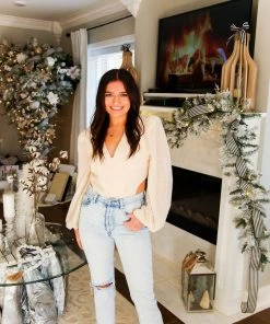 Flying Tomato Women's Clothing Cream And Gold Shimmer Long Sleeve Bodysuit