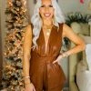 Do + Be Women's Clothing Brown Faux Leather Deep V-Neck Sleeveless Romper