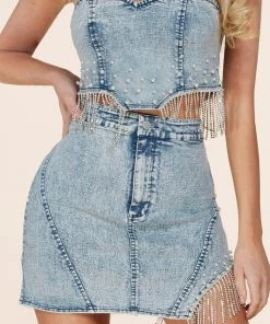 Latiste Denim Rhinestone And Pearl Tube Top