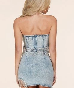 Latiste Denim Rhinestone And Pearl Tube Top