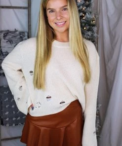 She & Sky Distressed Bell Sleeve Cream Sweater Women's Clothing