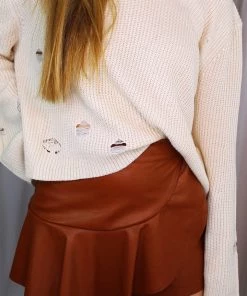 She & Sky Distressed Bell Sleeve Cream Sweater Women's Clothing