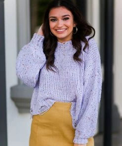 Lavender Distressed Confetti POL Sweater Women's Clothing