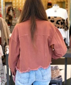 She & Sky Distressed Cropped Denim Jacket - Cinnamon Women's Clothing