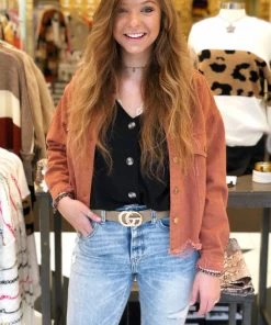 She & Sky Distressed Cropped Denim Jacket - Cinnamon Women's Clothing