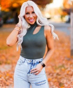 Le Lis Dusty Green Cutout Bodysuit Women's Clothing