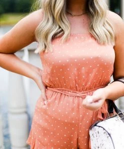 She & Sky Dusty Peach Star Pattern Strapless Romper Women's Clothing