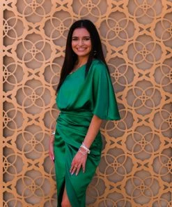 Do + Be Emerald Green Satin One Shoulder Midi Dress