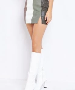 Le Lis Faux Leather Green Color Block Mini Skirt Women's Clothing