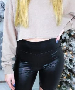 Le Lis Women's Clothing Faux Leather High Waist Black Biker Shorts