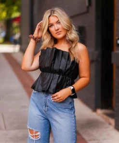 Do + Be Women's Clothing Black Faux Leather Ruffle Tube Top