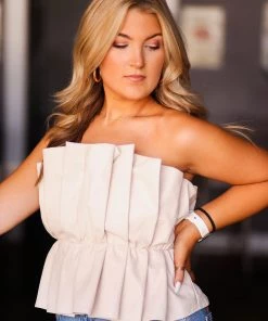 Do + Be Women's Clothing Cream Faux Leather Ruffle Tube Top