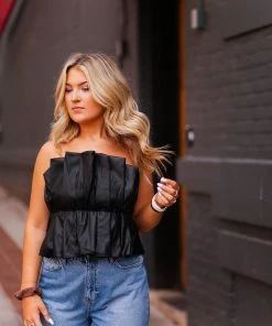 Do + Be Women's Clothing Black Faux Leather Ruffle Tube Top