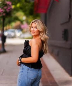 Do + Be Women's Clothing Black Faux Leather Ruffle Tube Top