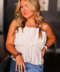 Do + Be Women's Clothing Cream Faux Leather Ruffle Tube Top