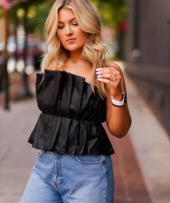 Do + Be Women's Clothing Black Faux Leather Ruffle Tube Top