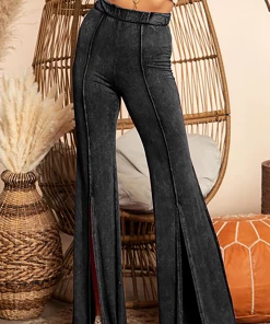Blue Buttercup Black Mineral Wash Front Slit Pants Women's Clothing