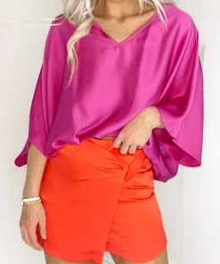 Tyche Fuchsia V-Neck Satin Blouse Women's Clothing