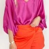 Tyche Fuchsia V-Neck Satin Blouse Women's Clothing