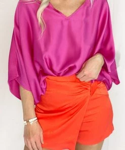 Tyche Fuchsia V-Neck Satin Blouse Women's Clothing