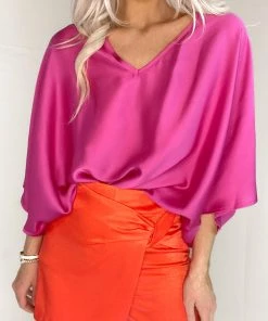 Tyche Fuchsia V-Neck Satin Blouse Women's Clothing