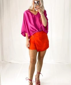 Tyche Fuchsia V-Neck Satin Blouse Women's Clothing