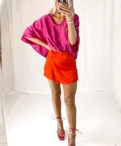 Tyche Fuchsia V-Neck Satin Blouse Women's Clothing