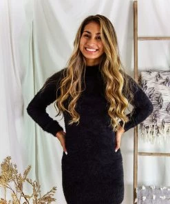 Iris Basic Fuzzy Black Long Sleeve Sweater Mini Dress