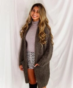 Crescent Outerwear Fuzzy Charcoal Knit Cardigan