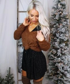 HYFVE Fuzzy Hazelnut Shimmer V-Neck Sweater