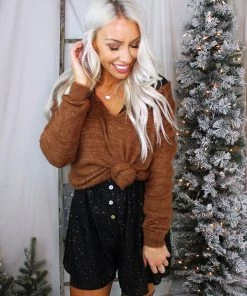 HYFVE Fuzzy Hazelnut Shimmer V-Neck Sweater
