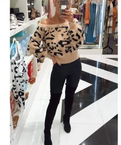 Blue Blush Fuzzy Tan Off The Shoulder Leopard Bubble Sleeve Crop Sweater