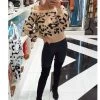 Blue Blush Fuzzy Tan Off The Shoulder Leopard Bubble Sleeve Crop Sweater