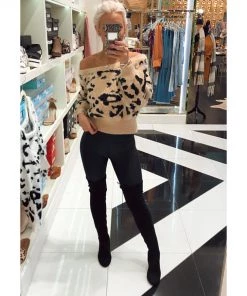 Blue Blush Fuzzy Tan Off The Shoulder Leopard Bubble Sleeve Crop Sweater