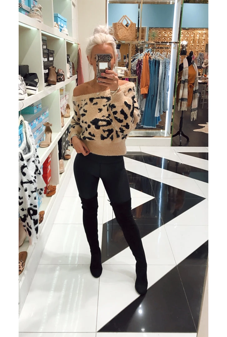 Blue Blush Fuzzy Tan Off The Shoulder Leopard Bubble Sleeve Crop Sweater 4 Blue Blush Fuzzy Tan Off The Shoulder Leopard Bubble Sleeve Crop Sweater