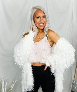 Storia Women's Clothing Fuzzy Pink Cropped Tank With Silver Stars