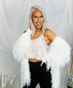 Storia Women's Clothing Fuzzy Pink Cropped Tank With Silver Stars